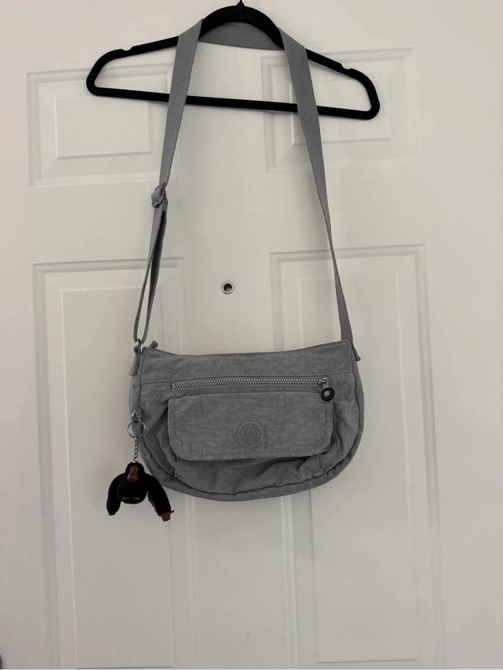 Kipling Light Gray Nylon Crossbody Bag with Monkey Charm